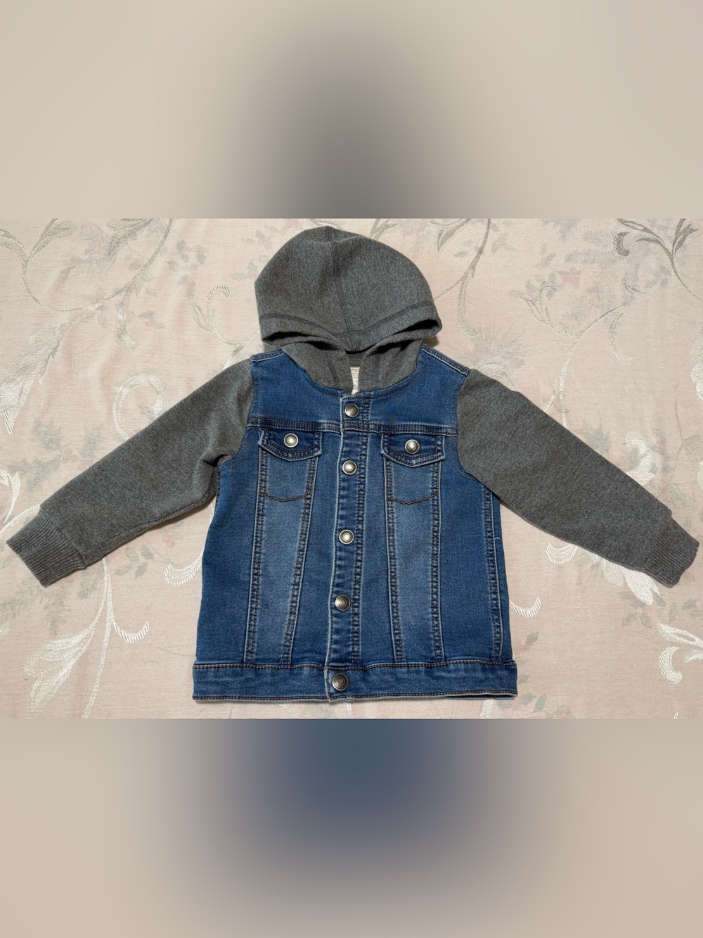 First Impressions Blue Denim Jacket with Gray Knit Hood & Sleeves